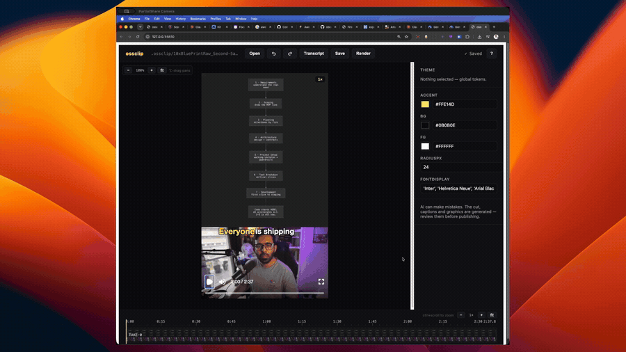 The ossclip editor: preview, transform handles, inspector and timeline